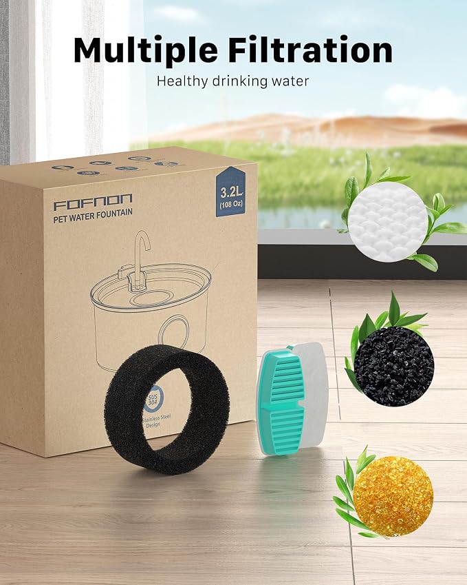 FOFNON Cat Water Fountain with 12 Filters, Including 6 Pieces of Filters + 6 Pieces Sponges
