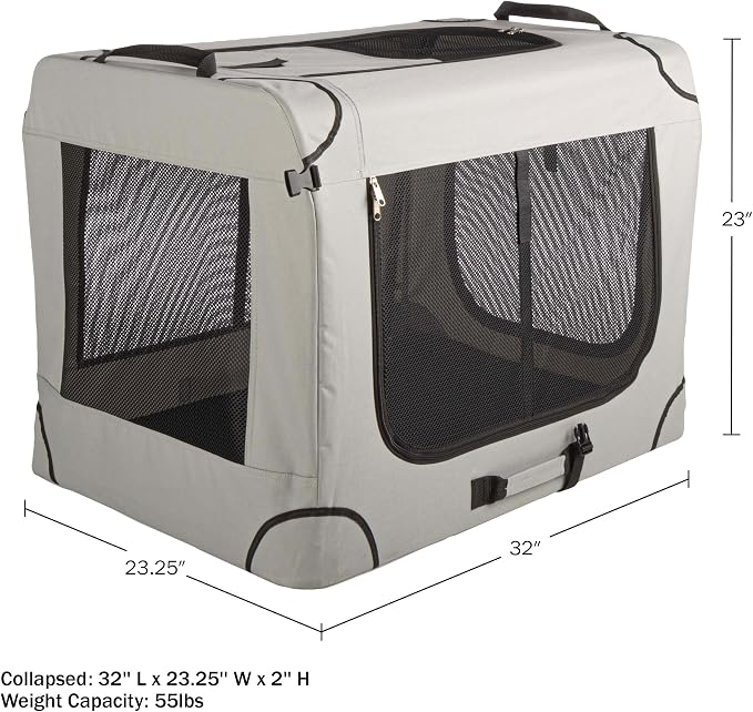 Soft Dog Crate - 32x23.25x23 Collapsible Dog Crate for Medium Pets - Portable Travel Pet Crate with 3 Doors, Mesh Windows, and Removable Divider - Travel Accessories by PETMAKER (Gray)