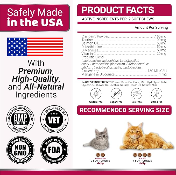 Cat Urinary Tract Health - Cranberry Supplement for Cats - Promotes Healthy Digestion & Normal Bladder Function - Probiotics - Vitamins and Food Supplements - Immune & Multivitamin Support Chews