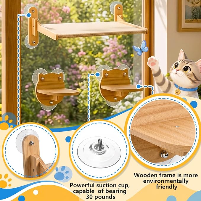 Novabright 3 Pcs Cat Window Perch Set with Hammock and 2 Cat Steps Wood Wall Shelves with Sturdy Suction Cup Mount Space-Saving Shelf for Indoor Window Bed for Sunbathing Bird Watching