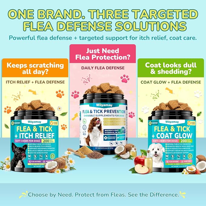 Woyamay Flea & Tick + Itch Relief for Dogs Chewables, Flea and Tick Prevention for Dogs, Dog Allergy Chews, Dog Itching Skin Relief & Skin Repair, Flea Treatment Dogs, 200 Soft Chews, Chicken Flavor