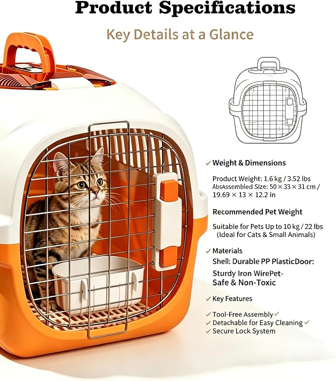 Cat Carrier Airline Approved, Portable Pet Travel Crate with Anti-Stress Design for Cats & Small Dogs, Car Safe Kennel with Top Window (Orange)