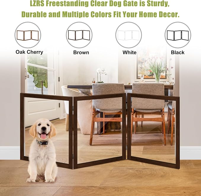 LZRS Clear Dog Gate for Indoor Use - Transparent Pet Fence with Solid Hardwood and Plastic Board, Stylish & Durable freestanding Pet Gate for Doorways, Stairs and Hallways-3 Panel Brown