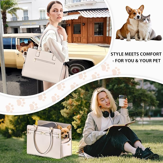 Dog Purse Carrier for Small Dogs, Stylish Foldable Pet Carrier Purse Tote Bag with Washable Cushion & Safety Leash, Airline Approved Puppy Travel Bag with Pockets (White)