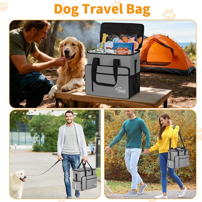 Dog Travel Bag,Large Pet Travel Bag for Supplies with 2 Food Container and Collapsible Bowls,Dog Travel Supplies Organizer Kit for Weekend,Road Trips,Camping