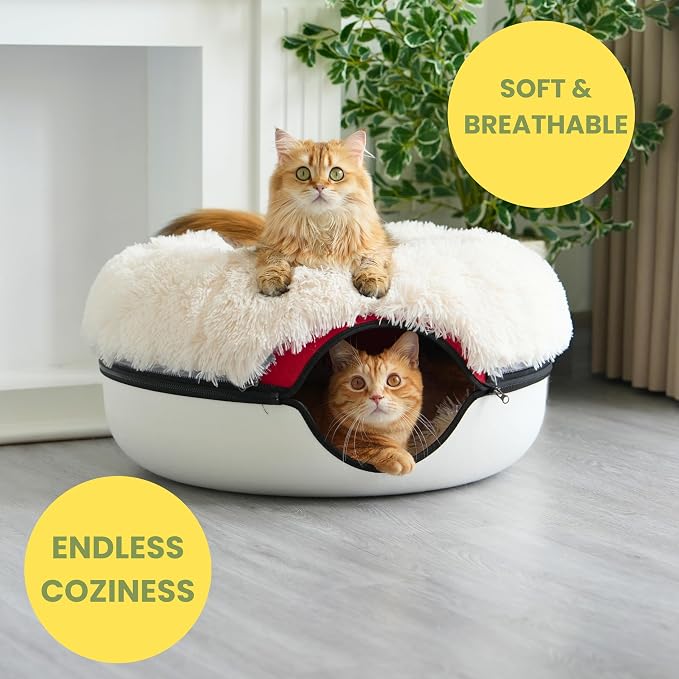 Cattasaurus Peekaboo Cat Cave for Multiple & Large Cats Up to 30-45 Lbs, Fluffy Cat Beds & Furniture, Scratch Detachable & Washable Tunnel Bed, Comfy Donut Bed (Ruby Snowball, Large (Calming))