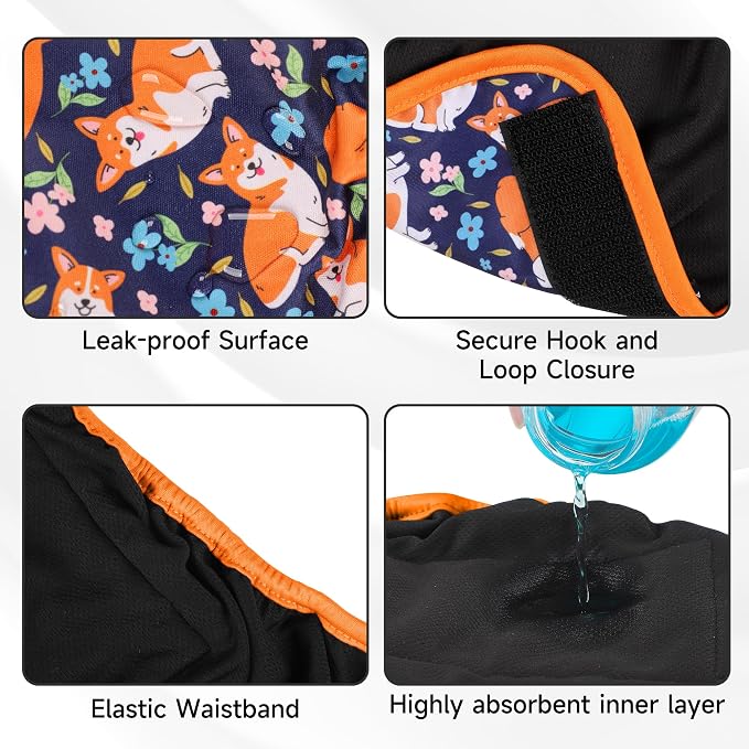 4 Pack Reusable Female Dog Diaper, Highly Absorbent Doggie Diapers for Female Dogs, Dog Diaper XX-Large, Flowers & Dogs