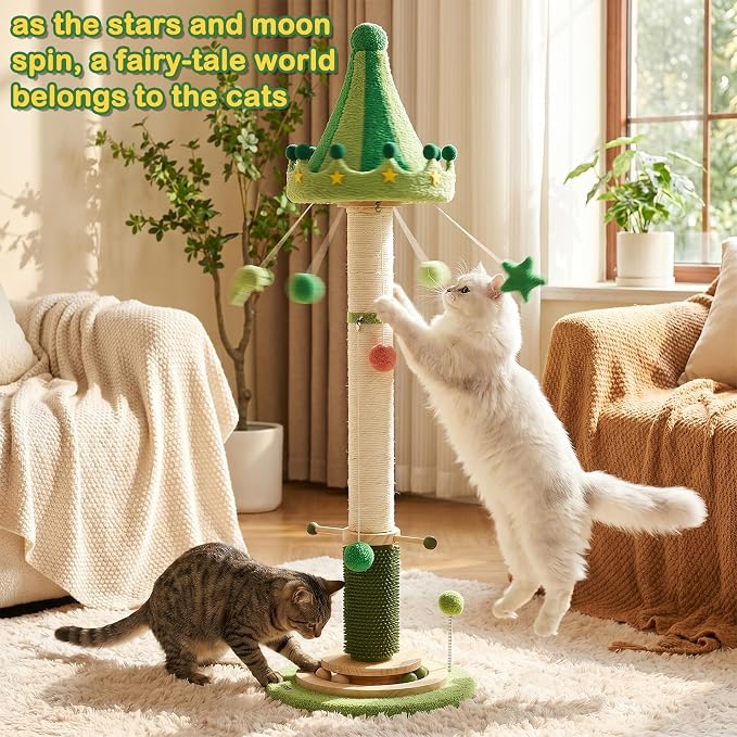 51'' Tall Cat Scratching Post,Luxury Carousel Shape Extra Thick Sisal Scratching Post for Indoor Cats Adults,Stable Stylish Cat Scratcher Tree with Interactive Wood Ball 2*Peppermint Toys for Large