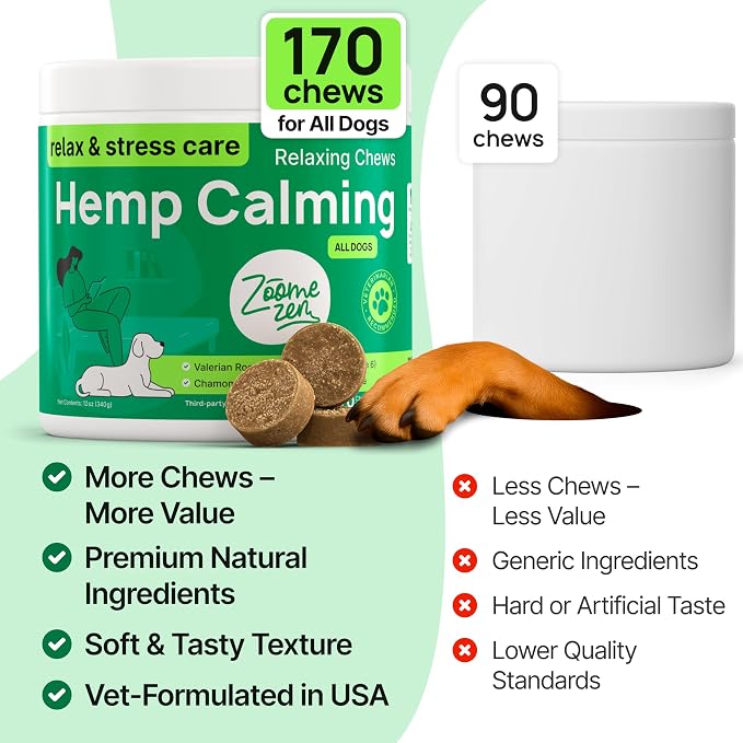 Hemp Calming Chews for Dogs Anxiety – Dog Calming Chews for Puppies & Adults – Stress, Sleep Aid & Dog Anxiety Relief Treats with Melatonin & Valerian – 2 Pack, 340 Count, Made in USA