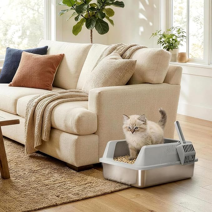 Lifewit Stainless Steel Litter Box for Kitty, Small Metal Cat Litter Tray with Non-Slip Pads, Anti-Leakage Top Entry and High Sided, Easy to Clean, 17.7" L×13.8" W×8.3" H, Gray