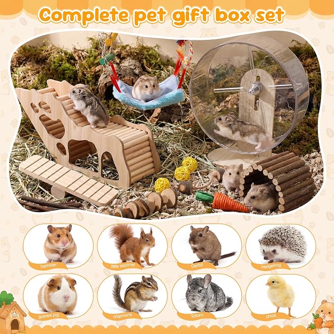 11 Pcs Hamster Cage Accessories Set, Bridge, Exercise Wheel, Swing, Chew Toys & More, Natural Wood Hamster Play Set for Dwarf Hamsters, Mice Small Animals Habitat (Maze Tunnel)