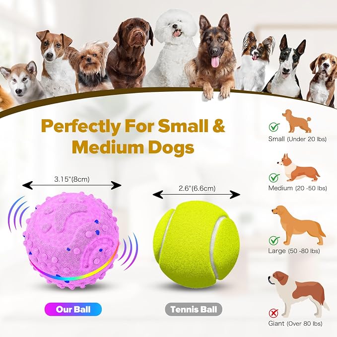 Interactive Dog Toys Ball, Self-Rolling & Bouncing Ball with RGB Colorful Lights to Keep Them Busy, 3-in-1 Interactive Mode, E-TPU Material, Type-C Charging, Moving Dog Toy for Dogs Puppies (Pink)