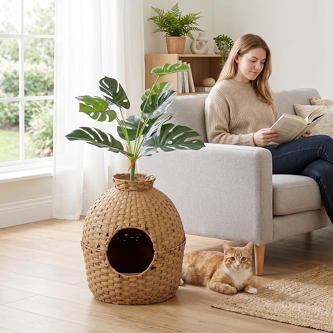 PawHut Hidden Cat Litter Box Plant Furniture Enclosure with Faux Plant & Stainless Steel Tray, Decorative Rattan Planter Cat Bed, Real Stones, for Bedroom, Living Room, Corner