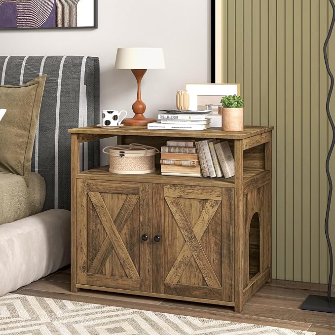 PETSITE Cat Litter Box Enclosure, Farmhouse Litterbox Enclosure Furniture with Double Doors and Open Shelf, Wooden Cat Hidden Litter Box Buffet Cabinet, Retro Style Litter Box Cabinet