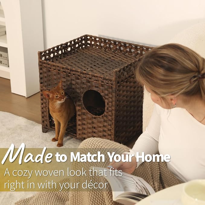 Wicker Cat House for 1-2 Cats Under 20 lb, Medium-Large Indoor Cat Condo No Assembly, Handwoven Rattan-Style Breathable Cat Bed Pet Cube for Living Room Bedroom, Suitable for Summer Use (Brown)