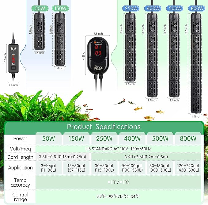AQQA Fish Tank Heater,Aquarium Heater 50W 150W 250W 400W 500W 800W for 3-220 Gal,Set Temperature 59℉-93℉ Temperature Accuracy,Out of Water or High Temperature Automatic Power Off (25W)