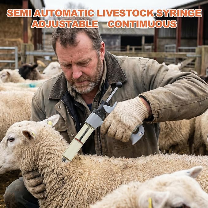 50ml Semi-Auto Repeating Livestock Syringe Gun, 5 Dose Settings | Ergonomic Grip, Clear Barrel & Luer Lock, Vet Injector for Cattle, Horses, Goats, Sheep & Pigs