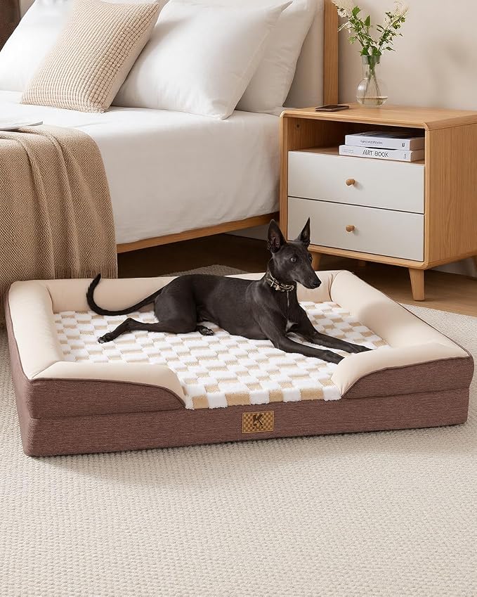 KSIIA Waterproof Dog Bed Orthopedic for Large Senior Dog Couch with Sides, Extra Thick Supportive Pet Bed Sofa with Soft Plush Cover and Non-Slip Bottom, 44 x 32 Inch, Brown