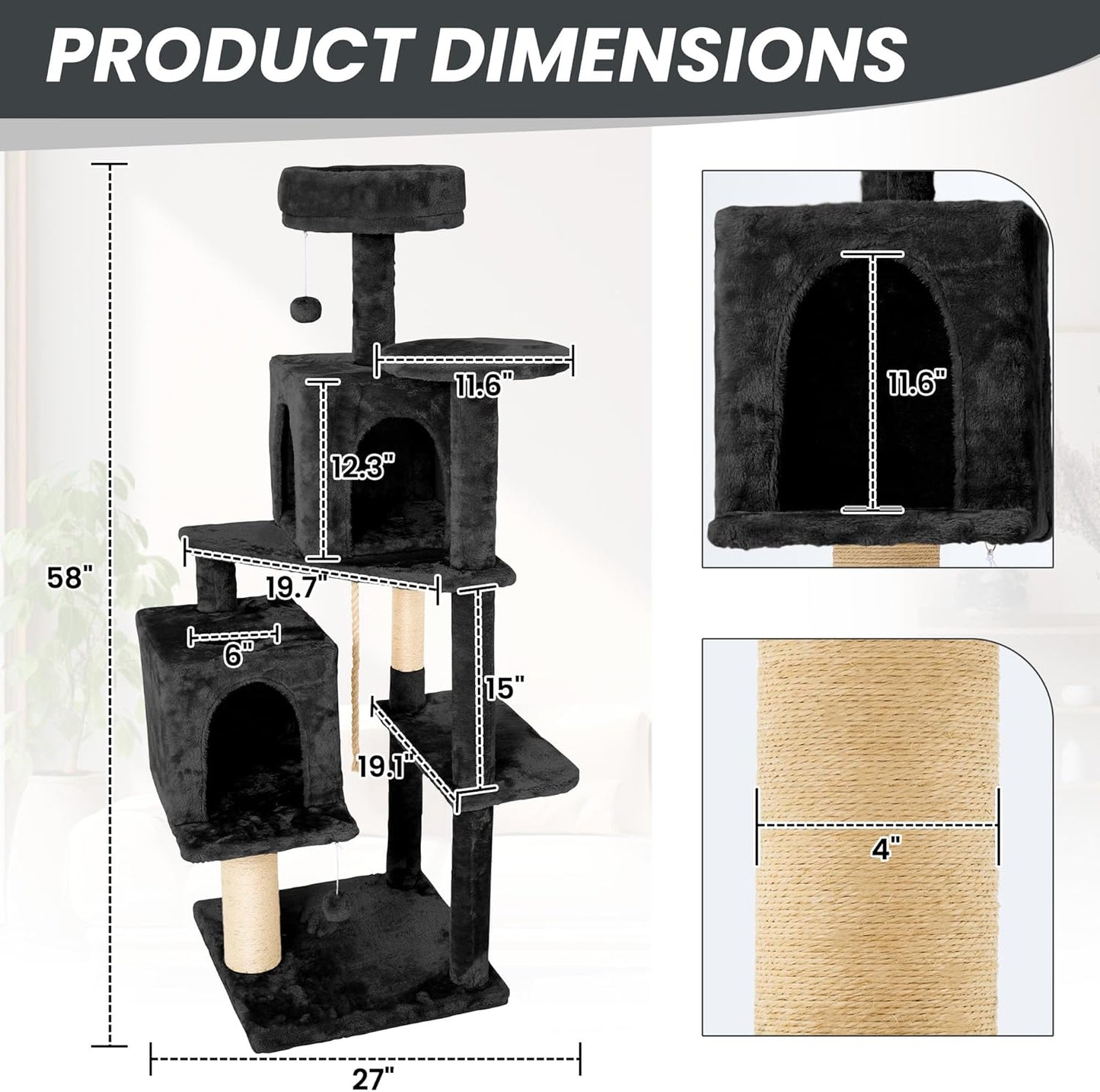 59in Large Cat Tree Tower for Indoor Cats with Soft Plush Hang Ball, Two Condos, Sisal Scratch Posts & Rope Play for Kittens/Adult Cats, New Dark Grey