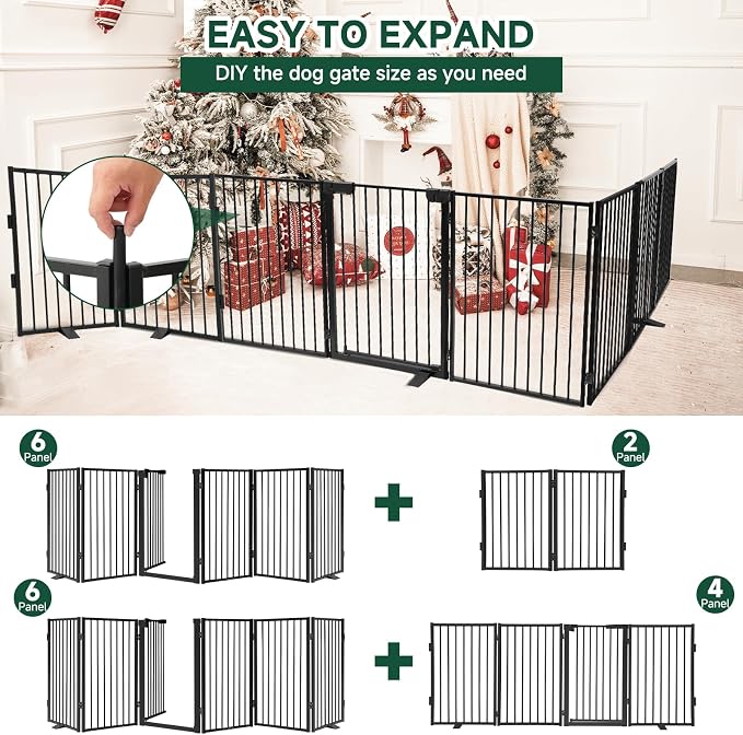 Snagle Paw Metal Freestanding Dog Gate with Door,120” W x 36” H Dog Fence with Support Feet for Doorways, Stairs and Hallways, Portable Pet Gate for Indoor Use (6 Panel, Black)