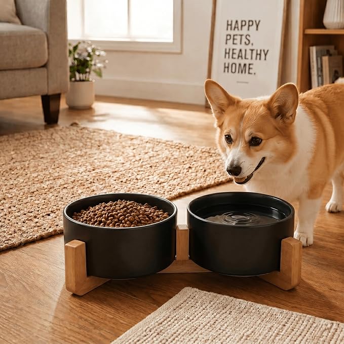 SPUNKYJUNKY Ceramic Dog and Cat Bowl Set with Wooden Stand, Modern Cute Weighted Food Water Set for Small Size Dogs (13.5OZ) & Medium Sized Dogs (28.7OZ) & Cats (3.6 Cups, 2 × Black)