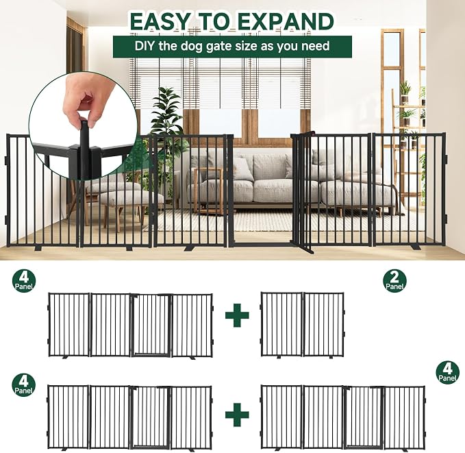 Snagle Paw Metal Freestanding Dog Gate with Door, 80” W x 32” H Dog Fence with Support Feet for Doorways, Stairs and Hallways, Portable Pet Gate for Indoor Use (4 Panel, Black)