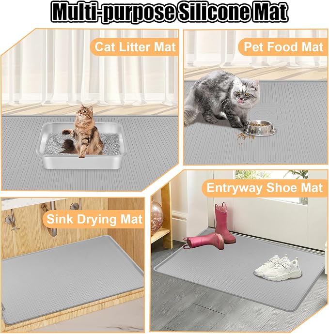 Silicone Cat Litter Mat, 45" x 30" Extra Large Litter Trapping Mat for Litter Box, Leak-Proof, Non-Slip, Kitty Litter Mats with Soft Texture for Floor, Keeping The Floor Clean (Light Grey)