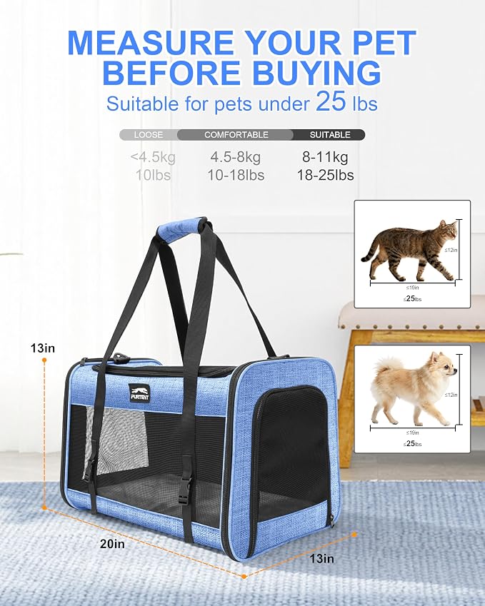 Soft-Sided Large Cat Carrier for 2 Cats, Spacious Foldable Pet Travel Carrier for Large Cats up to 25 Lbs, Double Cat Bag with Shoulder Strap, 20x13x13 Inch, Fits Maine Coon and Small Dogs, Blue