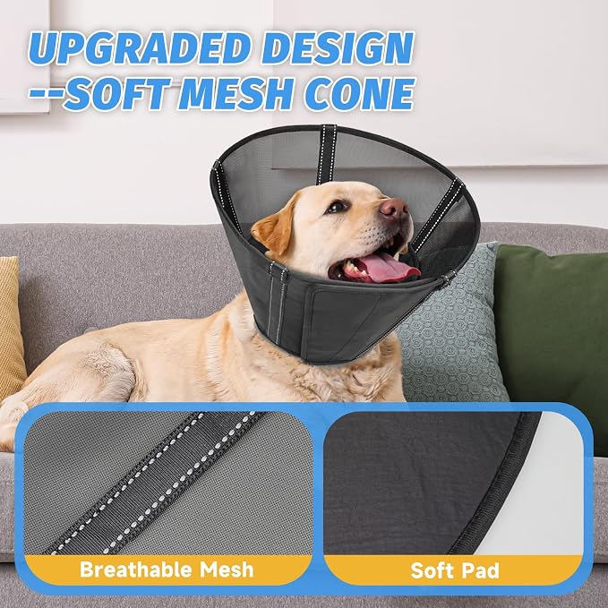 Dog Cone Collar to Stop Licking: Soft Mesh Recovery Collar After Surgery with Detachable Pad, Elizabeth Cone Alternative for Large Medium, Small Dogs, Normal Eating and Drinking,L,Matte Black
