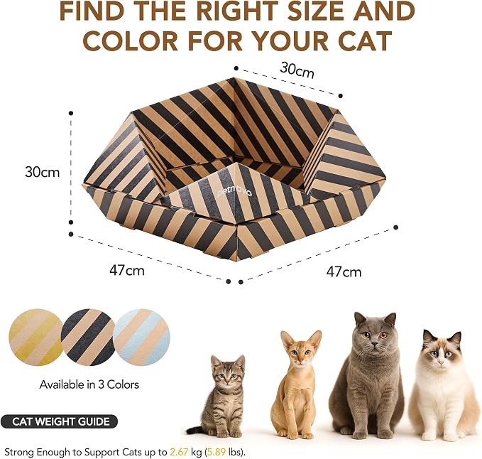 PETNOVO Foldable Cardboard Cat House Bed for Indoor Cats, Collapsible Cat Hideaway with Corrugated Scratcher Insert, Low Entry, Paper Build, 18.5 x 18.5 x 11.8 in, Black