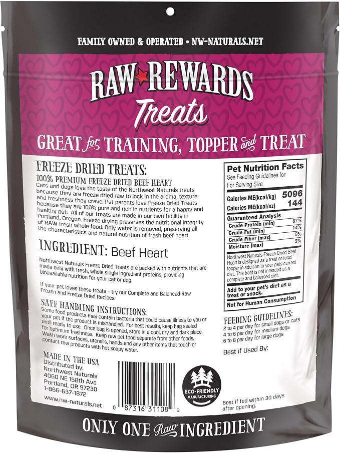 Northwest Naturals Raw Rewards Freeze-Dried Beef Heart Treats for Dogs and Cats - Bite Sized Pieces - Grain Free - 1 Ingredient - Healthy - Human Grade - All Natural - USA Made - 3 Oz