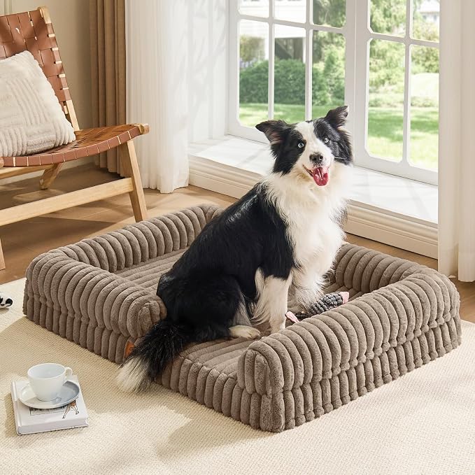 Orthopedic Dog Bed for XL Dogs, Washable Dog Bed with Faux Rabbit Fur Waterproof Cover, High Density Egg Crate Foam Support with 3-Sided Bolsters for Senior Dogs, Non-Skid Bottom, 41x30x7, Taupe