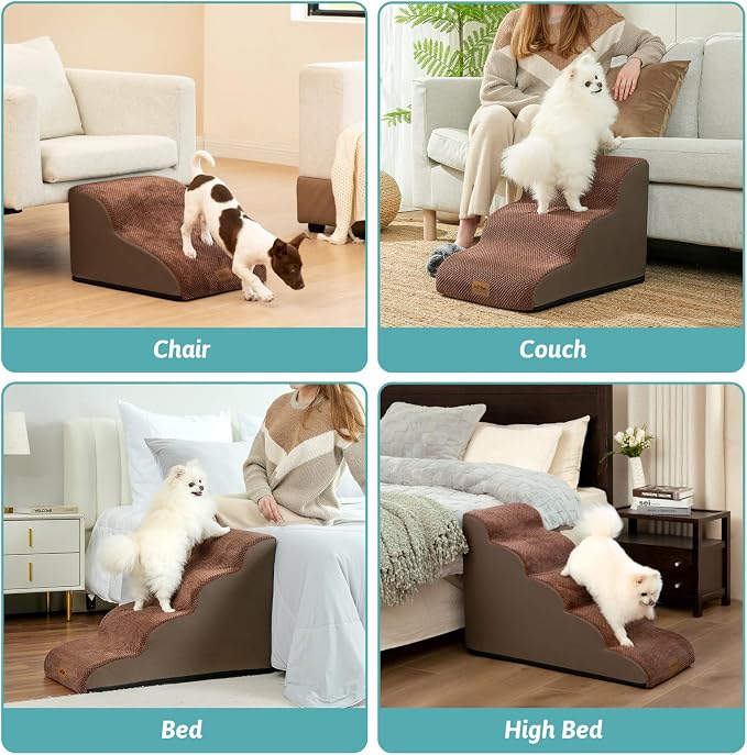 COZY KISS Wide Dog Stairs for Small Dog 19.7" H, Pet Step for Puppy, Older Cat, Curved Ramp for Bed, Durable Anti-Slip Ladder with High Density Foam, 4 Step, 17.7x28x19.7 inch, Brown