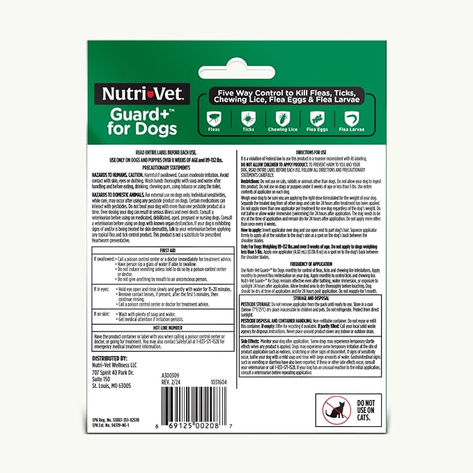 Nutri-Vet Guard+ for Dogs, Flea and Tick Prevention Spot On Drops, Topical Treatment for Dogs 89-132 lbs, Puppy Essentials, Waterproof Formula, 3 Monthly Doses, 90 Days of Protection