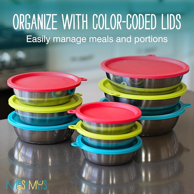 Messy Mutts 6-Piece Set | Three Stainless Steel Bowls and Three Colorful Silicone Lids | Sealable Travel Containers | Portable Food/Water Dishes for Pets | Large, 3 Cups