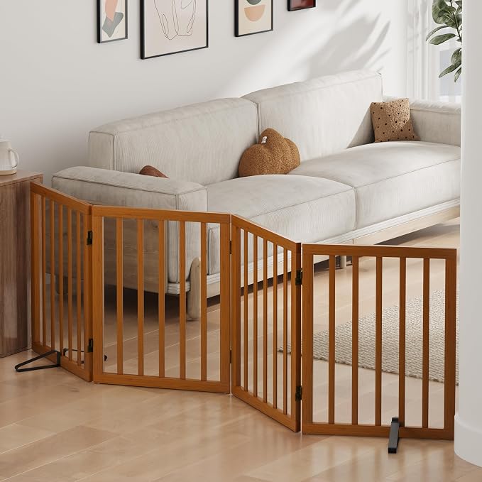 Dog Gates for Doorways, Foldable Dog Gate Indoor, Freestanding Pet Gates for Doorways Bedroom, Puppy Gate with Metal Support Feet, Room Divider 4 Panels (Walnut)