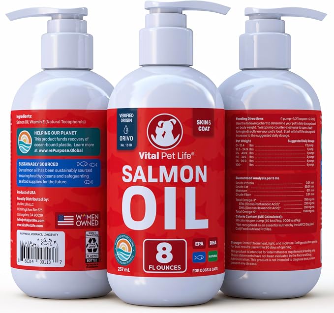 Salmon Oil for Dogs & Cats - Healthy Skin & Coat, Fish Oil, Omega 3 EPA DHA, Liquid Food Supplement for Pets, All Natural, Supports Joint & Bone Health, Natural Allergy & Inflammation Defense, 8 oz | Soft Shiny Glossy Coat, EPA DHA, Immune System & Hea...