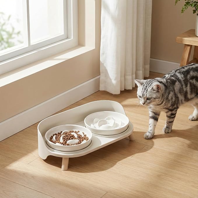 Slow Feeder Cat Bowls with Stand - Double Ceramic Cat Dishes and Splash-Proof Base Bundle - Elevated Feeding Station - White & Green