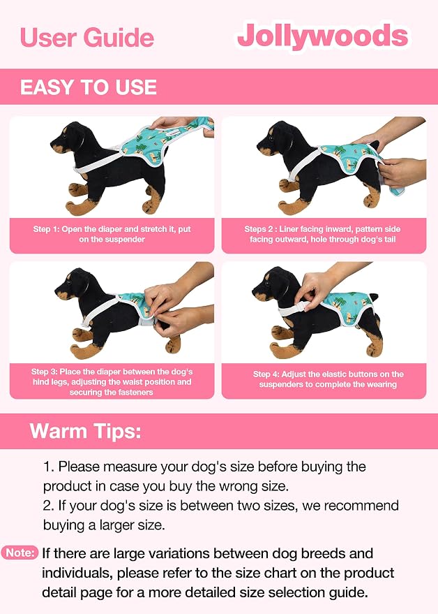 Jollywoods 3 Pack Washable Female Dog Diaper Onesie Sanitary Pantie with Adjustable Suspender, Fixed Doggie Diapers, Super Absorbent Leakproof for Dog in Heat Cycle