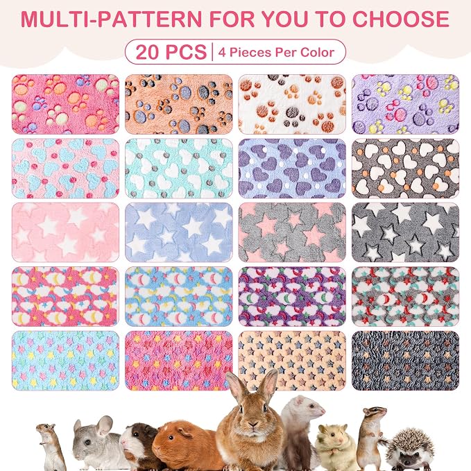 Newwiee 20 Pcs Waterproof Small Pet Fleece Blanket Bulk Washable Small Animal Cage Bedding Guinea Pig Puppy Dog Cat Pee Pad Liner Accessories(Assorted,12 x 12 Inch)