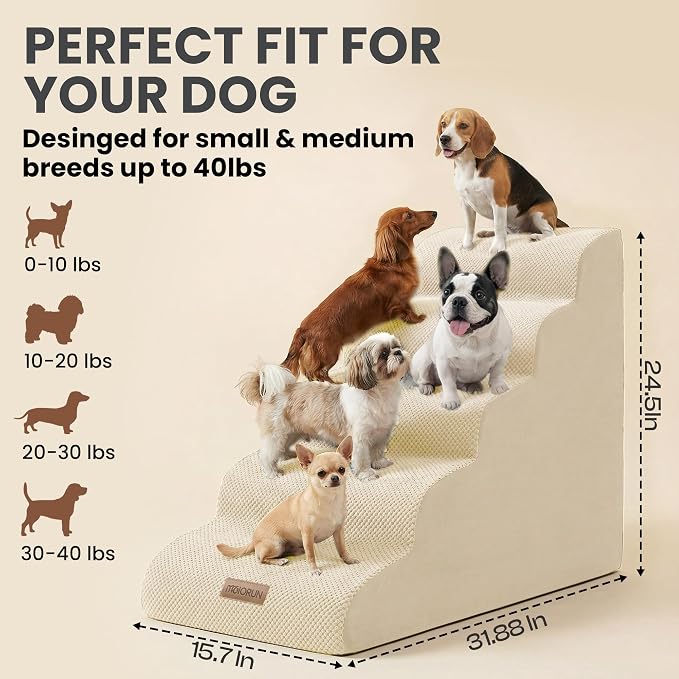 Dog Stairs for High Beds, Extra Tall 24.5" 5-Step Pet Steps for Medium & Small Dogs, Foam Ramp for Tall Couch & Bed, Washable Cover - Dog Steps for Bed