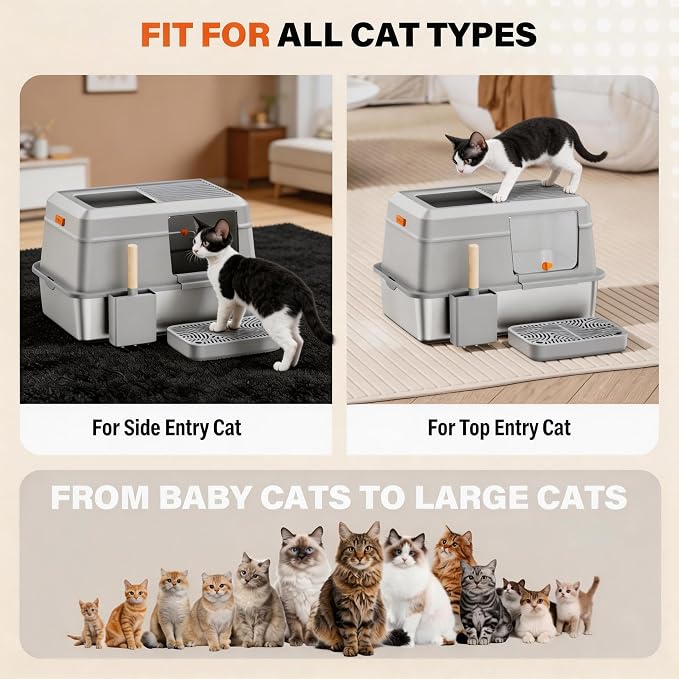 Extra Large Enclosed Stainless Steel Litter Box with Lid,Side Entry Top Exit High Sided Metal Cat Litter Pan,Non-Stick Easy Cleaning Anti-Urine Leakage for Big Cats,Includes Scoop & Step, Grey