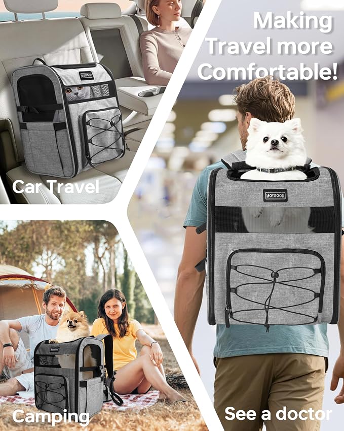 Hiking Dog Carrier Backpack, Adjustable Waist Cushioning Belt with Breathable Padded Back Support, Dog Carrier for Hiking with 5 Pockets, Dog Carrier Backpack for Small Dogs Max 13LB Grey