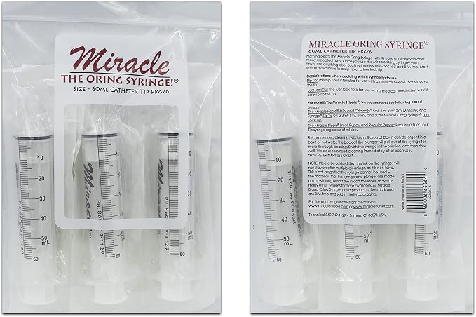 Miracle Oring Syringe- 60 ml Catheter Tip Syringe- Package Contains 6 Individually Wrapped Sterile Oring Syringes for Handfeeding Animals, Administering Supplements, Measuring Liquids, and More