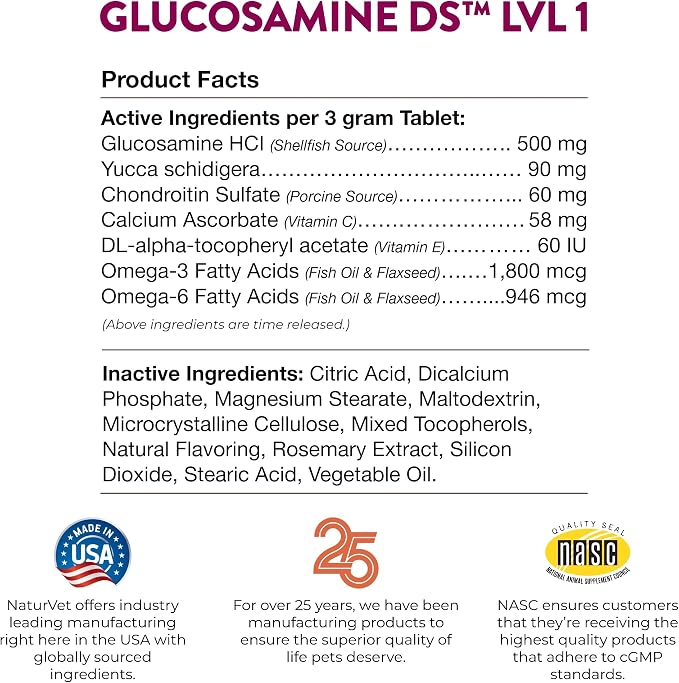 NaturVet – Glucosamine DS - Level 1 Maintenance Care | Preventative Care to Maintain Healthy Cartilage & Joint Function | Enhanced with Glucosamine & Chondroitin | for Dogs & Cats (240 Tablets)