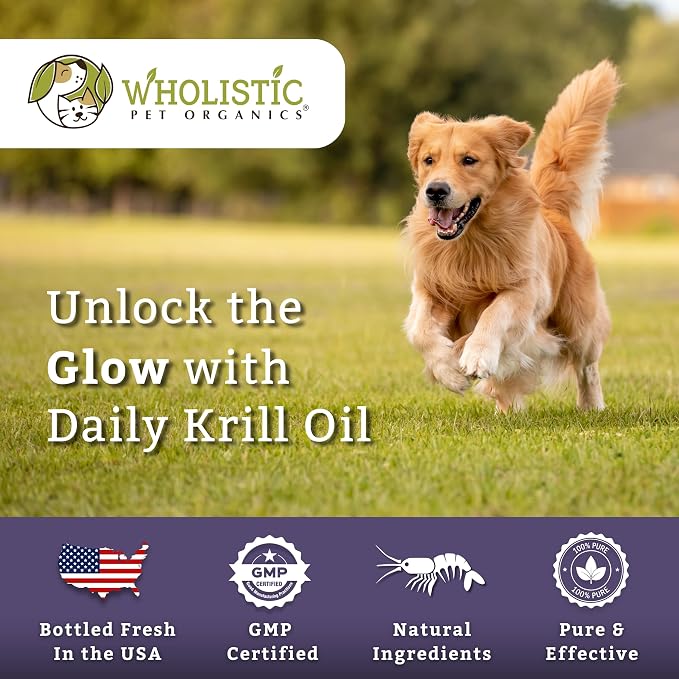 Wholistic Pet Organics Krill Oil for Dogs and Cats - Premium Antioxidant Support for Pets - Cat and Dog Skin and Coat Supplement with EPA, DHA, Astaxanthin - Omega 3 for Dogs and Cats - 200 Soft Gels