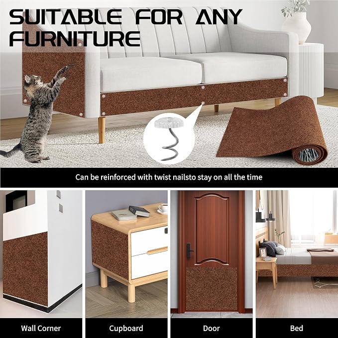2 Pcs 78.8"x15.8" Cat Scratch Mat, Cat Scratch Couch Furniture Protector, Trimmable Self-Adhesive Cats Scratch Pads, DIY Cat Scratcher for Wall Protector and Covering Cat Tower (Brown)