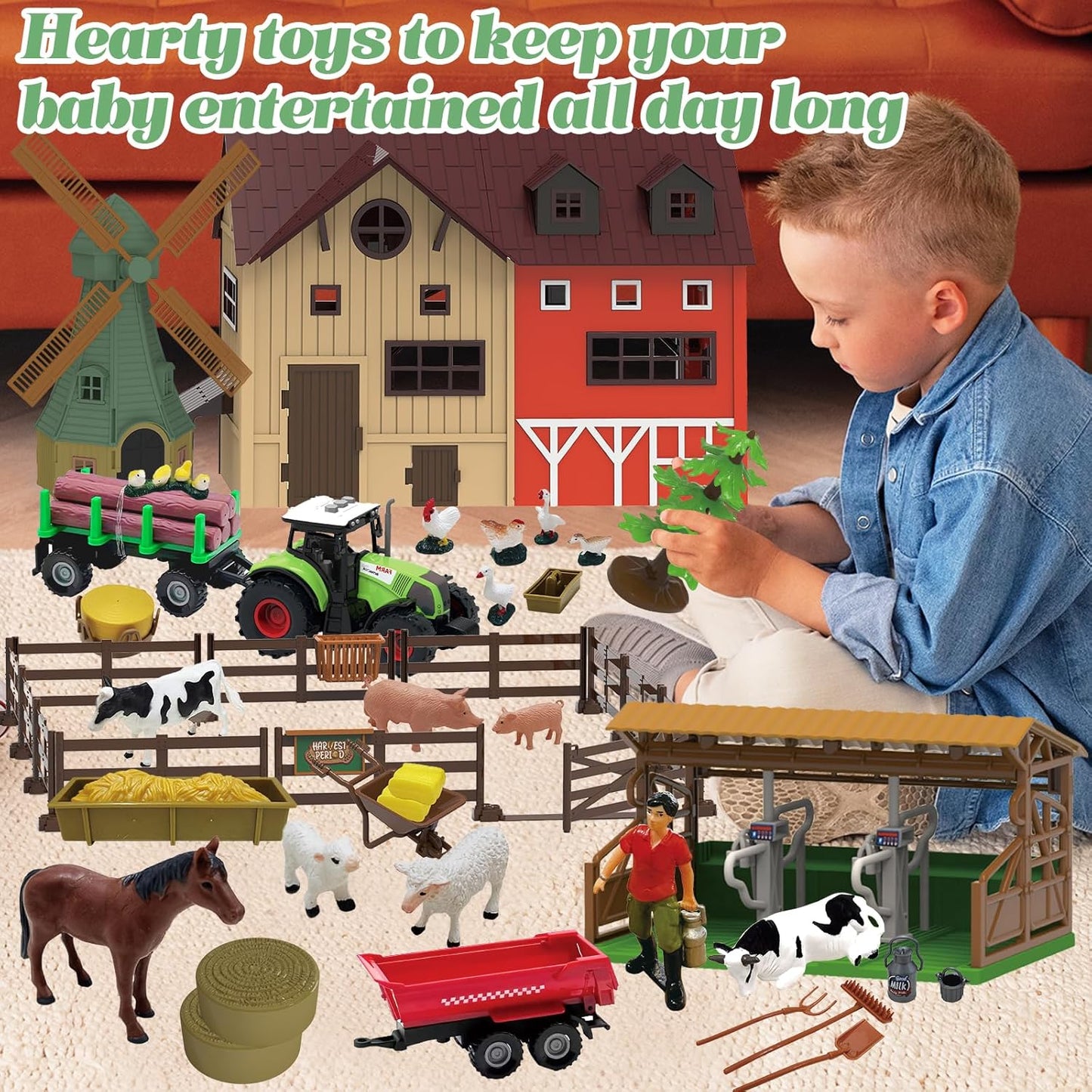 136PCS Farm Animals Toys Set Comes with Barn, Tractor Trailer, Milking shed, Windmill, Farmer, Fence - Playset for Kids Toddlers Boys Girls 5+ Years Old