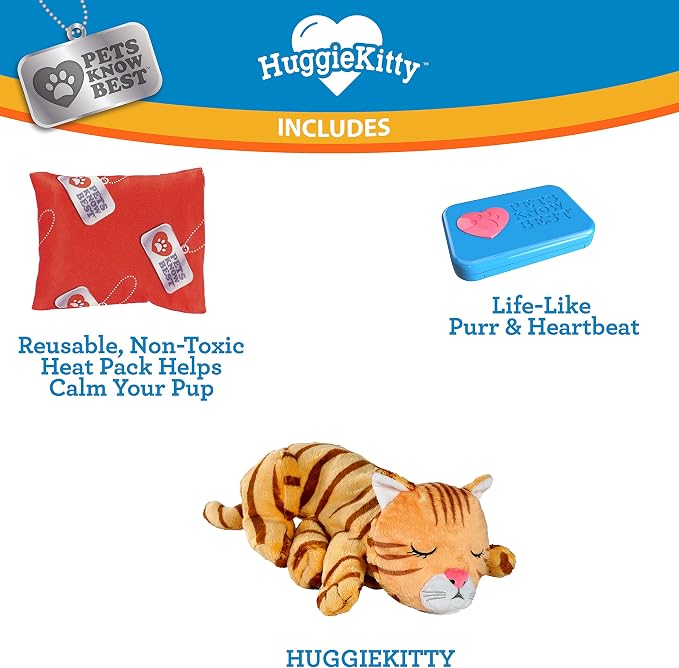HuggieKitty by Pets Know Best- Cuddly Cat Toy, Soothing Sound & Warmth Help Relax & Comfort Your Pet- Purr & Heartbeat, Heating Pack- Orange
