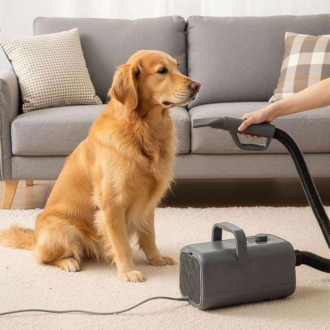 DUMOS Pet Grooming Blow Dryer, Low Noise Dog Hair Dryer with Adjustable Wind Speed & Heater Temperature, Cool-Warm-Hot Cycle Mode, 4 Nozzles, 6.5 FT Cord, Grey
